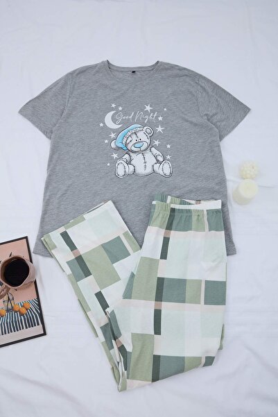 Trendyol Curve Σετ Πιτζάμες Πλεκτές Καρό με Γκρι στάμπα TBBAW24AI00020