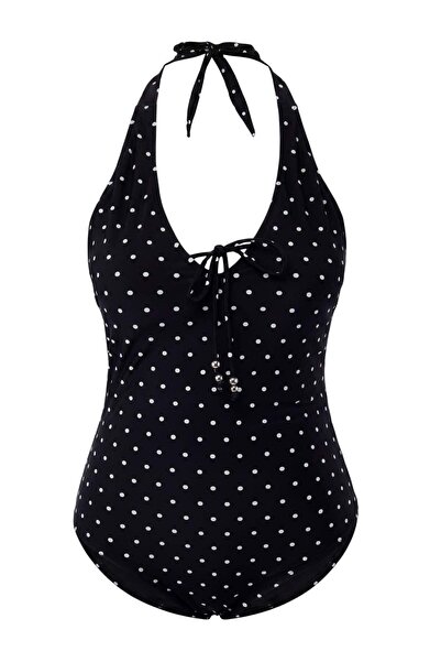 Trendyol Curve Μαύρο μαγιό με πουά σχέδιο και δέσιμο στο λαιμό, μεγάλο μέγεθο...