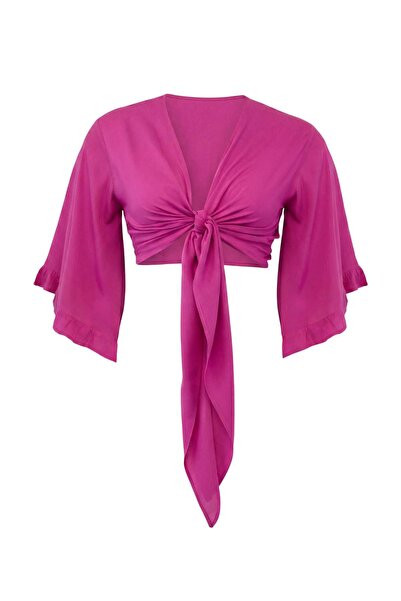 Trendyol Curve Strandbekleidung Rosa Crop-Bluse mit Rüschen und Volants, zwei...