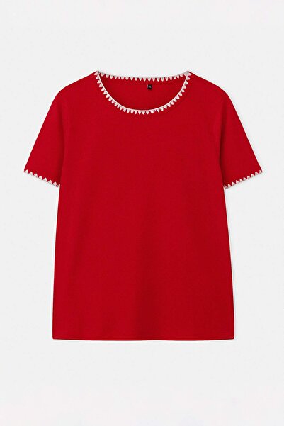 Trendyol Curve Κόκκινο 100% βαμβακερό μπλουζάκι με λεπτομέρεια ραφής σε αντίθ...