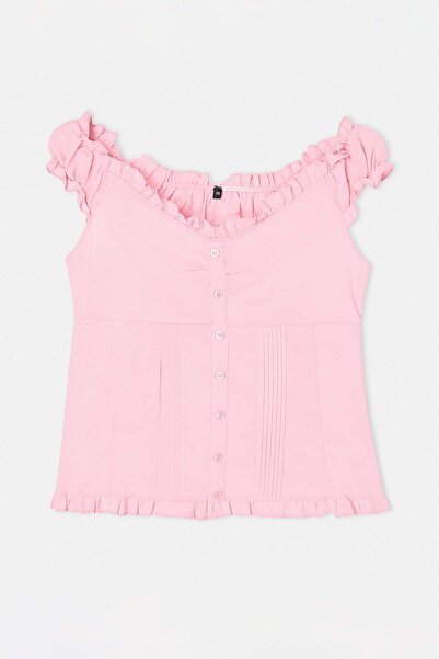 Συλλογή Trendyol Ροζ Μπλούζα από Ποπλίνα με Λεπτομέρεια Ριμπ Τέχνισμα TWOSS26...