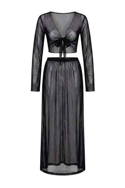 Συλλογή Trendyol Μαύρο πλεκτό σετ φούστας και μπλούζας παραλίας με κορδόνι TB...