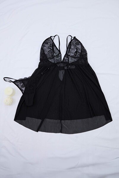 Trendyol Curve Μαύρο πλεκτό babydoll/φανταχτερό νυχτικό με λεπτομέρεια από δα...