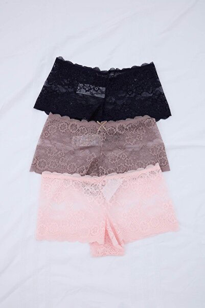 Trendyol Curve Πούδρα-Πολύχρωμο Πακέτο 3 τεμαχίων Δαντελωτό Σλιπ Μεγάλου Μεγέ...