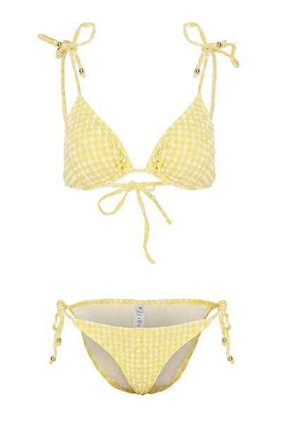 Συλλογή Trendyol Κίτρινο καρό σετ μπικίνι με υφή και τριγωνικό κάλυμμα, με αξ...