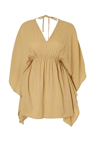 Συλλογή Trendyol Ανοιχτό χακί υφαντό μίνι φόρεμα παραλίας με κορδόνι 100% βαμ...