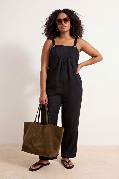 Trendyol Curve Μαύρη φόρμα Gile Form με λινή όψη και φαρδιά υφαντά μπατζάκια ...