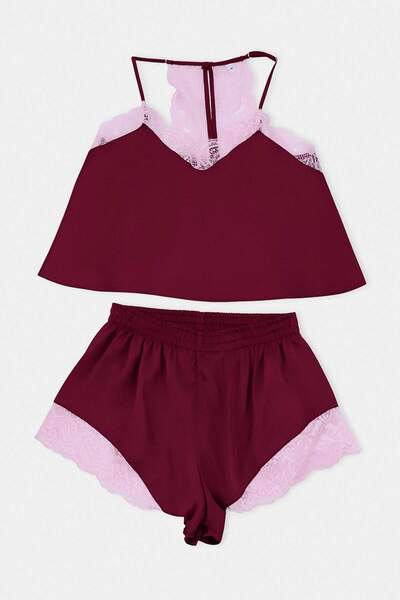 Συλλογή Trendyol Σετ πιτζάμες από υφαντό ύφασμα με δαντέλα μπορντό και λουράκ...