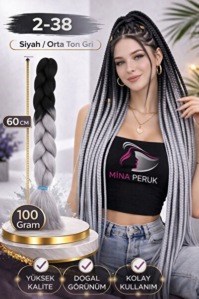 Mina Peruk Afrika Örgülük Sentetik Ombreli Saç 100 Gr. / Siyah / Orta Ton Gri