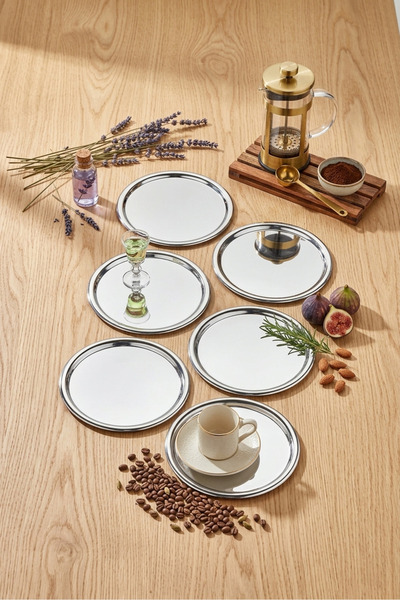 BİMOTE 6'lı Paslanmaz Çelik 21.cm Yuvarlak Çay, Kahve, Pasta Servis Tepsisi D...