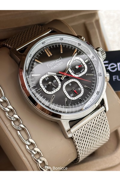 Ferrucci 44MM Kasa, Erkek Kol Saati Fonksiyonları Aktif,Gümüş Renk Çelik Kord...