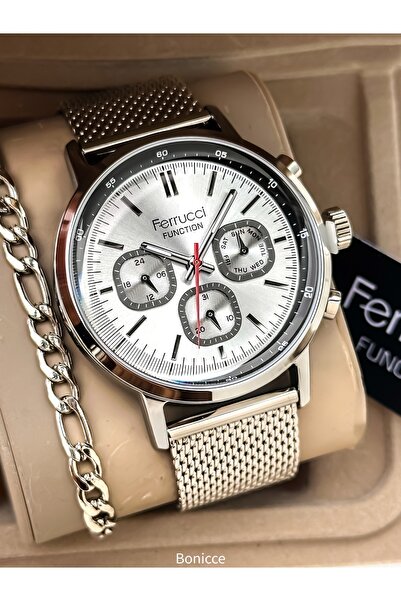 Ferrucci Erkek Kol Saat 44MM, Kasa,Fonksiyonları Aktif,Gümüş Renk Çelik Hasır...