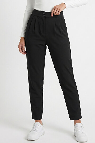 Abruzzo High Waist Carrot Cut Pleated Pants with Double Button Pockets - Black