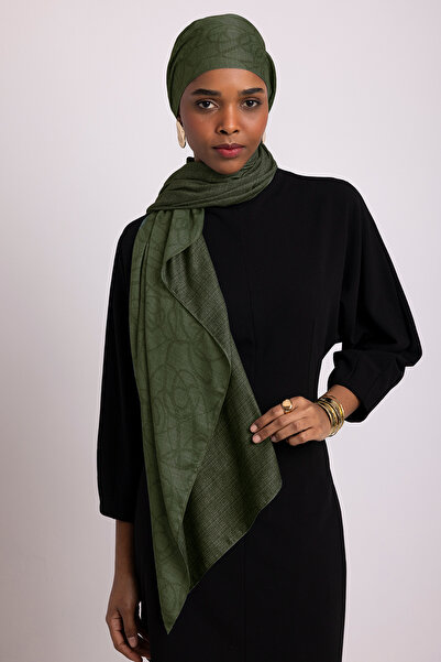 Ayshara Σάλι Şebnem Hattı Με μονογραμματικό σχέδιο Διπλής όψης - Πράσινο Χακί