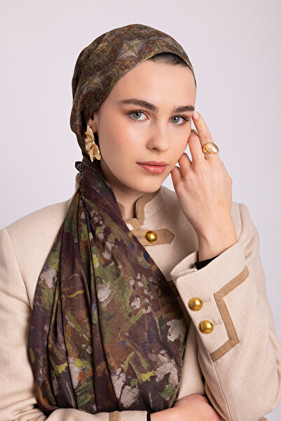 Ayshara Kardelen Με φλοράλ μοτίβο Διπλής όψης Σάλι - Καφέ Πράσινο