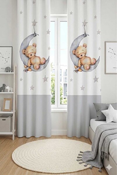 MEKTA HOME BEBEK VE ÇOCUK ODASI Ayda Uyuyan Sevimli Ayı Desenli 2 Kanat Fon P...