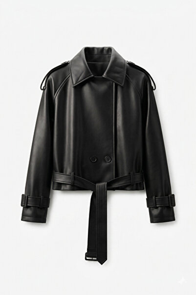 Jaglion Νέα συλλογή: Δερμάτινο μπουφάν με κουμπιά και ζώνη, σε μοντέρνα γραμμή