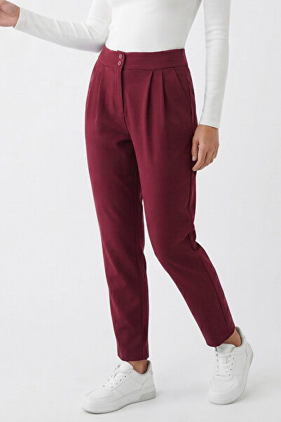 Abruzzo High Waist Carrot Cut Pleated Pants with Double Button Pockets - Burg...