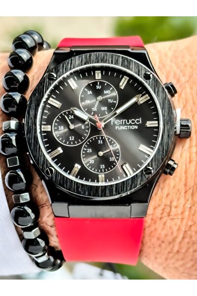 Ferrucci ساعة يد رياضية حمراء وظيفية بسلك سيليكون مقاوم للماء للرجال + سوار معصم