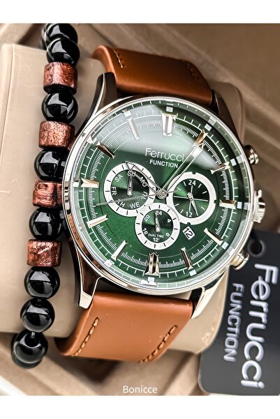 Ferrucci Leather Strap Brown Men's Wristwatch with Calendar Bracelet Gift
