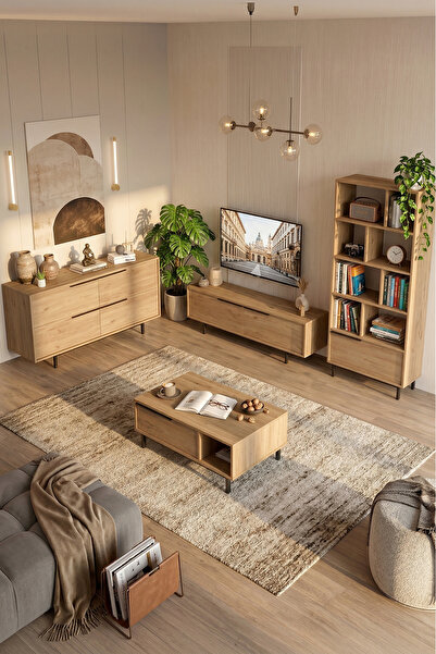 Yurudesign Ocean Tv Ünitesi Orta Sehpa Konsol Kitaplık 4'lü Set Sepet On21-s