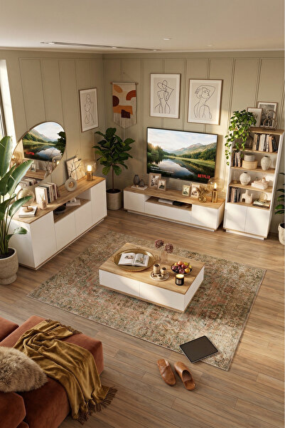 Yurudesign Future Tv Ünitesi Orta Sehpa Konsol Kitaplık 4'lü Set Çam-beyaz Fr...