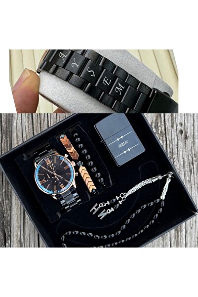 DEEPWELL İsimli Siyah Renk Erkek Kol Saati Bileklik Tespih ve Çakmak Seti dwt-30