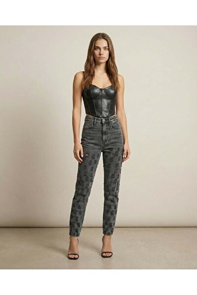 HerTon Ψηλόμεσο τζιν παντελόνι με εφέ καπνιστού υφάσματος και εφαρμογή Mom Fit