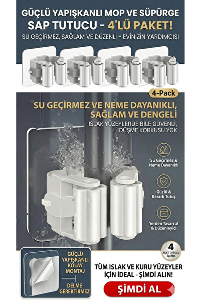bluvex 4 Adet Yapışkanlı Pratik Mop Temizlik Fırçası Tutucu Mop Tutucu Askı D...