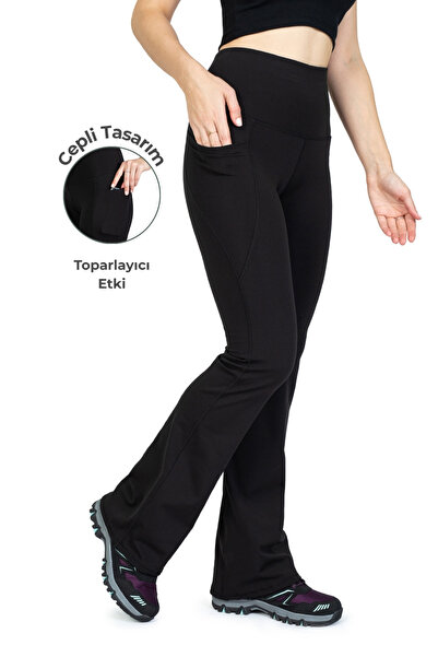 The Step Sports Nova İspanyol Paça Siyah Cepli Yüksek Bel Toparlayıcı Soft Ku...