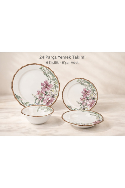 esdekor Bloom 24 Parça 6 Kişilik Porselen Yemek Takım New Bone Çiçek Desenli