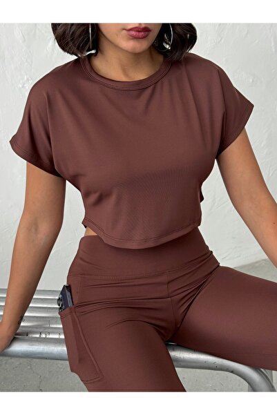 OPENDO Μπλουζάκι γιόγκα με φαρδιά μανίκια και λαιμόκοψη ποδηλάτου, καφέ