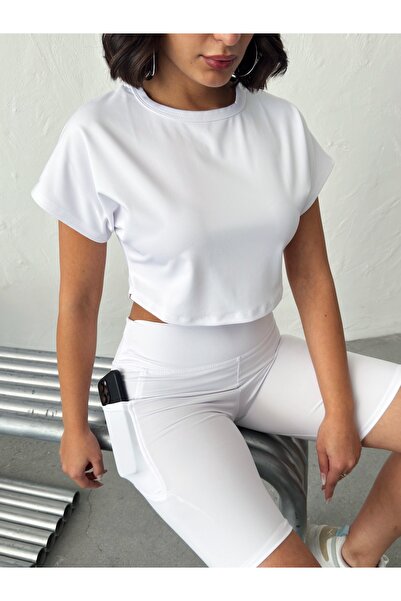 OPENDO Μπλουζάκι γιόγκα με φαρδιά μανίκια και λαιμόκοψη ποδηλάτου, λευκό