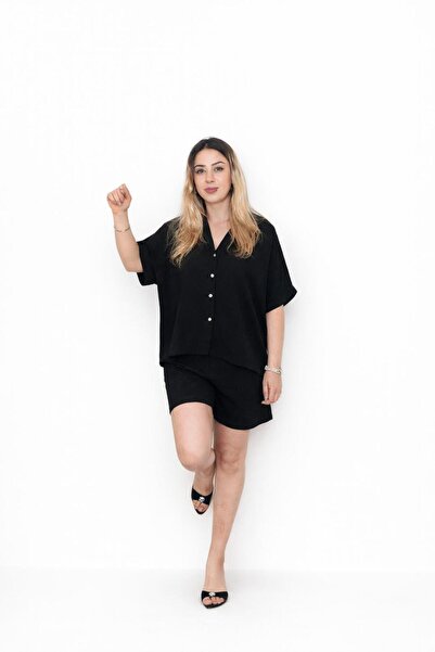Sarı-Siyah Oversize Gömlek &şort takım yazlık rahat ikili takım