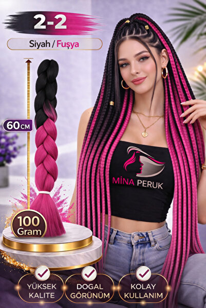 Mina Peruk Afrika Örgülük Sentetik Ombreli Saç 100 Gr. - Siyah / Fuşya
