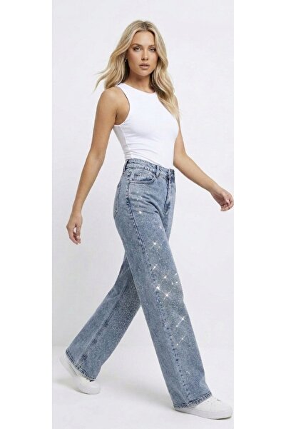 blue da Women's Stone Washed Jeans High Waist Loose Legs
