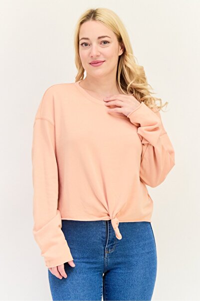 aerie Women Crew Neck Solid Front Tie Detail Sweatshirt, Coral