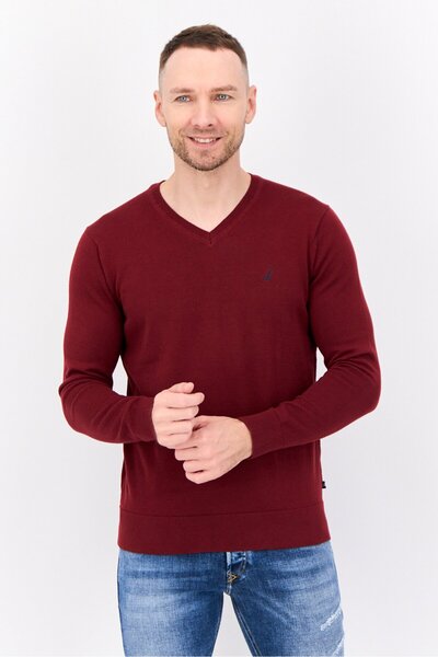 Nautica Navtech By Men V-Neck Embroidered Logo Long Sleeve Sweater, Maroon
