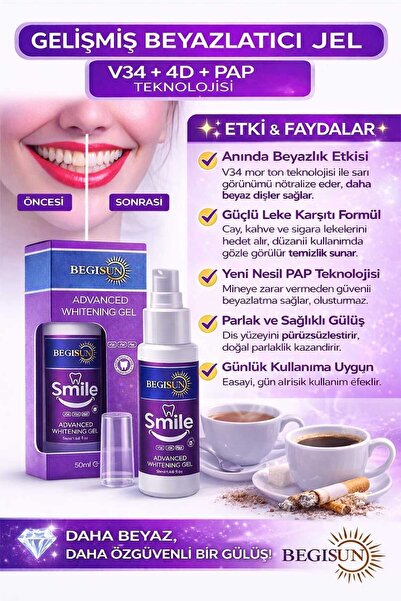BEGISUN Diş Beyazlatma Jeli 50 ml – V34 & 4D PAP Teknolojili, Sarı Ton Gideri...