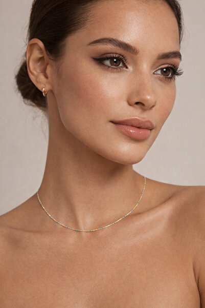Own Jewelry Turkuaz Boncuklu Çubuk Zincir Kolye 925 Ayar Gümüş Altın Kaplama ...
