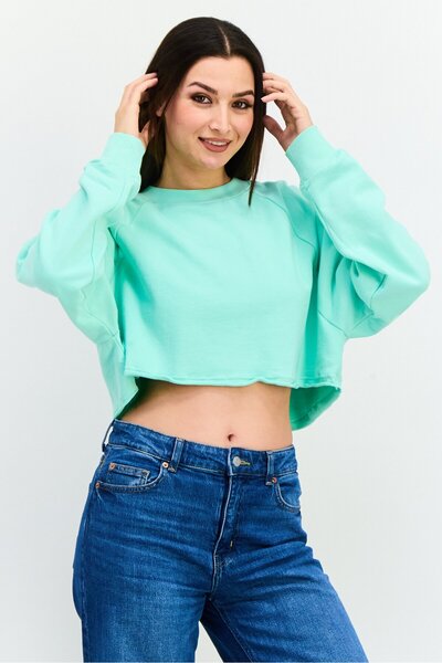 NIA Women Crew Neck Long Sleeve Solid Crop Sweatshirt, Mint Green