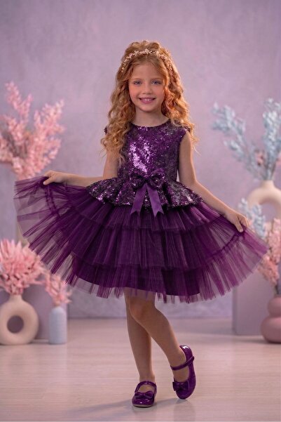 Delfini kids Βραδινό φόρεμα από τούλι με μωβ παγιέτες