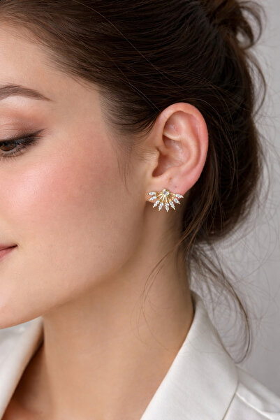 ANKA JEWELLRY أقراط نسائية من الفولاذ الذهبي موديل مروحة مرصعة بحجر الزركون