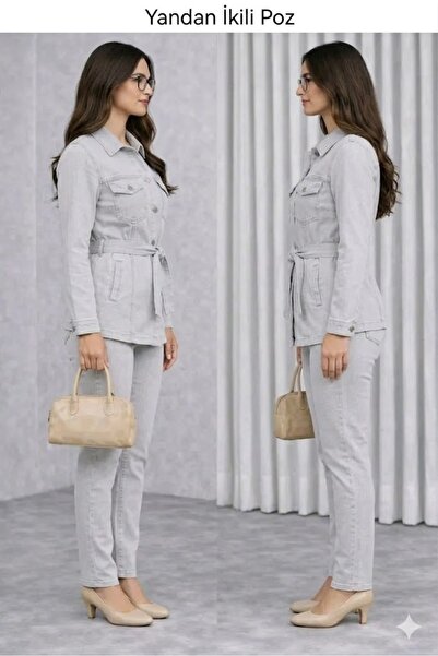 deniva Γυναικείο σετ με φαρδιά γραμμή τζιν (denim) με ζώνη, ανοιχτό μπεζ