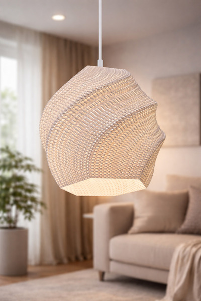 Rattan Görünümlü Beyaz Renk Avize, Pinterest Tarzı Tekli Sarkıt Avize (Bioplastik) E27