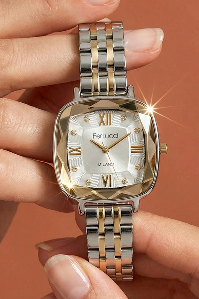 Ferrucci Bileklik Hediyeli Altın/Metalik Kadın Kol Saati 27 mm Çelik Kordon K...