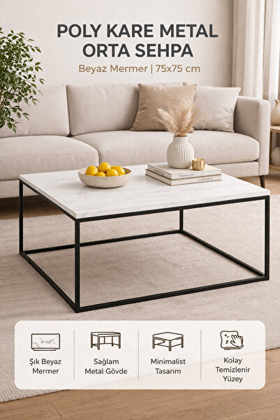 PASİFİC HOME Poly Metal Ayaklı Kare Orta Sehpa, Beyaz Mermer