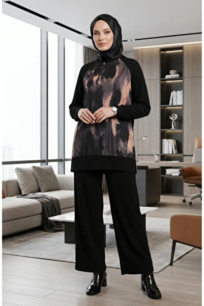 sefamerve με τύπωμα Πλισέ Παντελόνι Τουνίκ Σετ δύο τεμαχίων 2215-04 Μαύρο Πλα...