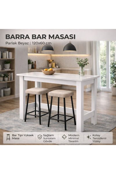 PASİFİC HOME Barra Bar Masası Yüksek Yemek Masası, Parlak Beyaz, 120x60