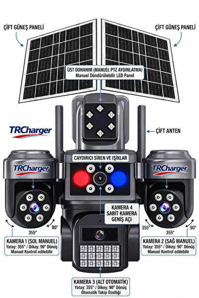 TRCharger 4 Kameralı 2 Solar Panel Güneş Enerjili 4G Sim Kartlı Güvenlik Kame...